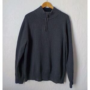 LL Bean Men Large Gray Sweater Knit Pullover 1/4 Zip Long Sleeve MockNeck Cotton